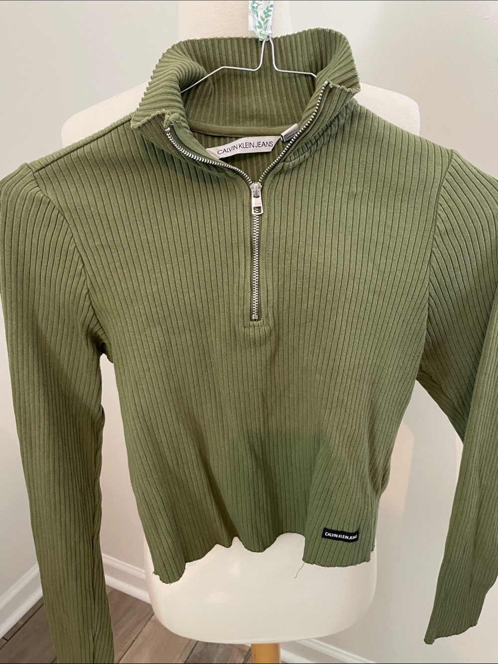 Calvin Klein Jeans Olive Ribbed Half-Zip Pullover cropped